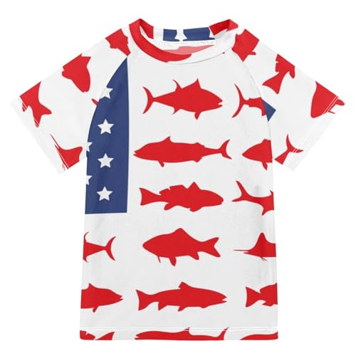 Aflyko 4th of July Kid Rashguard Shirt Shark American Flag Boys Girls Swimsuit Top