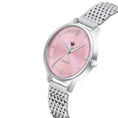 Image of CRESTELLO Stainless Steel Chain Analog Wrist Watch for Women (Silver /Pink /Green /Blue Dial) | CR-L154-CH