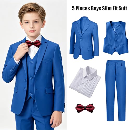 Image of Boys' Formal Suit 5 Piece Slim Fit Suits for Boy Kids Tuxedo Toddler Wedding Ring Bearer Outfit Teen Communion Dress