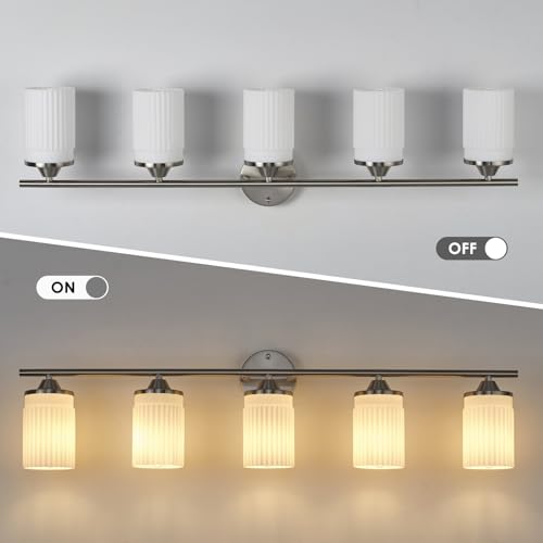 Image of Jonsi Nickel Bathroom Light Fixtures 5-Light Vanity Lights Modern Wall Sconce with Milk White Shade Brushed Nickel Bathroom Light Fixture Over Mirror for Bedroom Hallway Kitchen