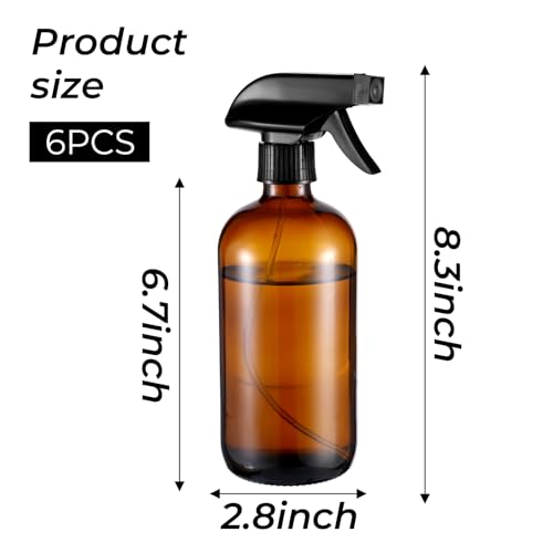 6 Pack Amber Glass Spray Bottles, Refillable 16 oz Empty Bottle with Durable Adjustable Nozzles for Cleaning Solution, Spray Bottles for Hair, Plants, Cleaner, Essential Oil2