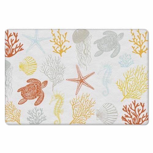 Coastal Summer Ocean Antifatigue Kitchen Bath Door Mat Cushioned Runner Rug,Washable Welcome Floor Sink Mat,Waterproof Kitchen Standing Doormat,Yellow Orange Coral Starfish Turtle White 18