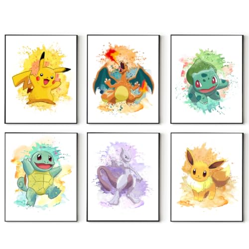 Pokemon Watercolor Wall Art Prints – Set of 6 – 8x10 Unframed Posters – Kids Room, Nursery, or Playroom Decor