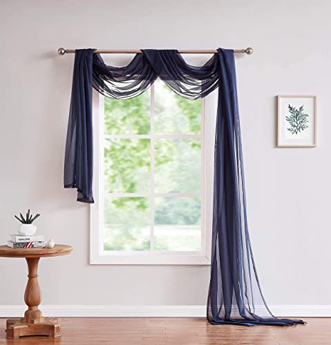 LinenZone Navy Window Scarf Valance in 144 Inch Size. Use Window Scarves as Canopy Bed or Backdrop Curtains, Curtain Scarf, or Sheer Fabric for Draping. (Amazing 55 x 144, Navy)