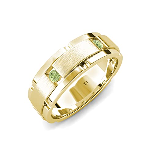 Round Peridot 0.27 ctw Satin Finished Center and Polished Edges with Grooved Lines Men Wedding Band 14K Gold
