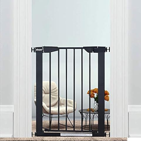 WAOWAO Narrow Baby Gate Walk Thru Pressure/Hardware Mount Auto Close Black Metal Child Dog Pet Safety Gates 29.13in Tall for Top of Stairs,Doorways,Kitchen and Living Room 2 (Black-22.83"-25.59") Cover