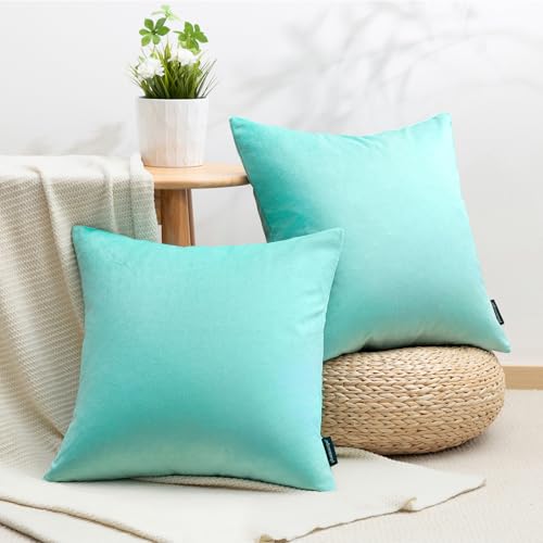 Image of Phantoscope Pack of 2 Velvet Decorative Throw Decorative Pillow Cover Soft Solid Square Cushion Case for Couch Light Turquoise 20 x 20 inches 50 x 50 cm