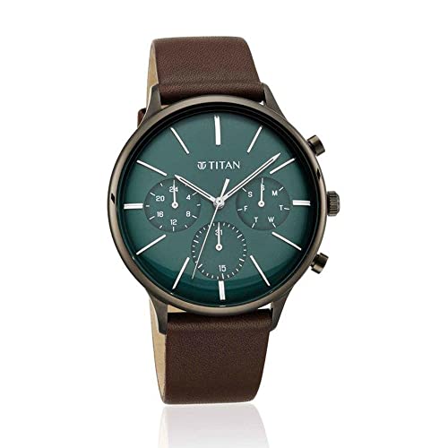 Image of Titan Light Leathers Quartz Multifunction Green Dial Brown Leather Strap Watch for Men - NT90134QL01