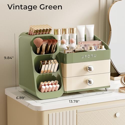 Image of UFORU Makeup Organizer for Vanity with Brush Holder, Large Capacity Bathroom Countertop Skincare Organizer with 2 Drawers, Cosmetic Display Case for Perfumes, Eyeshadow Palettes, Nail Polishes
