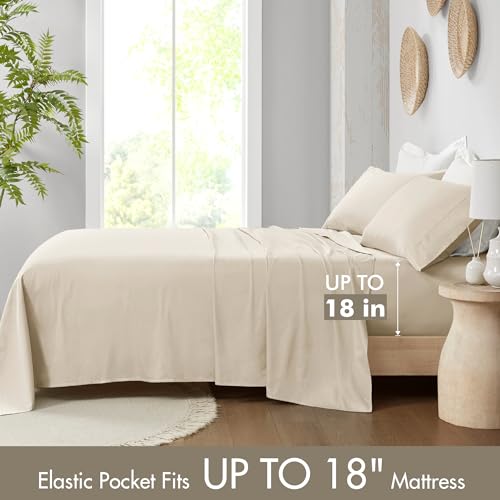 Image of Madison Park Organic Cotton Sheets 300TC, Queen Size Bed Set, Taupe 4 Piece | Soft & Breathable Cotton Bed Sheets, Elastic Deep Pocket, Fits Up to 18 inch Mattress, All Seasons Cozy Lightweight Bedding