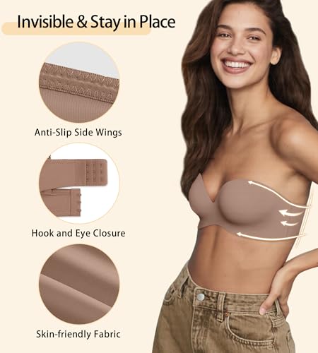 Image of Strapless Bras for Women with Support - Womens Underwire Push Up Plunge Full Coverage Tshirt Bra with Extender