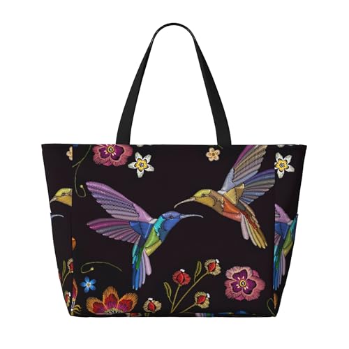 Humming Bird and Flowers Embroidery Large Beach Tote Bags for Womens Mens Sandproof Swim Pool Bag with Zipper for Travel Vacation2