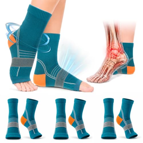 Image of 3Pairs Neuropathy Socks for Women Men, Toeless Compression Socks for Neuropathy Pain Relief, Breathable Foot Sleeves with Arch & Ankle Support for Plantar Fasciitis, Swelling, Diabetic foot Pain, Day Night Use (Teal Blue, Small)