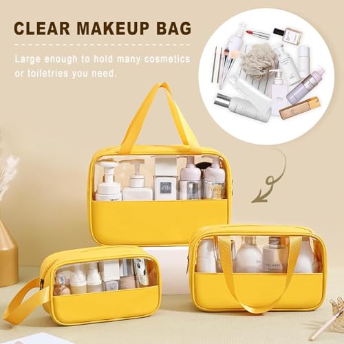 Image of KBS Toiletry Kit Cosmetic Makeup Storage Organizer Clear Styilish Wash Bag Pouch Set of 3 for Travel Luggage Transparent with Metal Zipper Gift for Men Women Girls (Yellow)