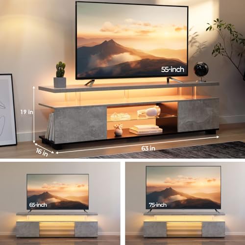 Cubehom Grey TV Stands for Living Room,Glass TV Stand, LED TV Stand for 75+ inch TV,Entertainment Center for Living Room,Bedroom,Home Office