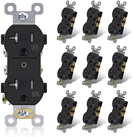 ELEGRP 20 Amp 125V Duplex Receptacle, Standard Electrical Wall Outlet, TR Tamper Resistant and WR Weather Resistant, 2 Pole 3 Wire, Self-Grounding, Residential Grade, UL Listed, Glossy Black, 10 Pack