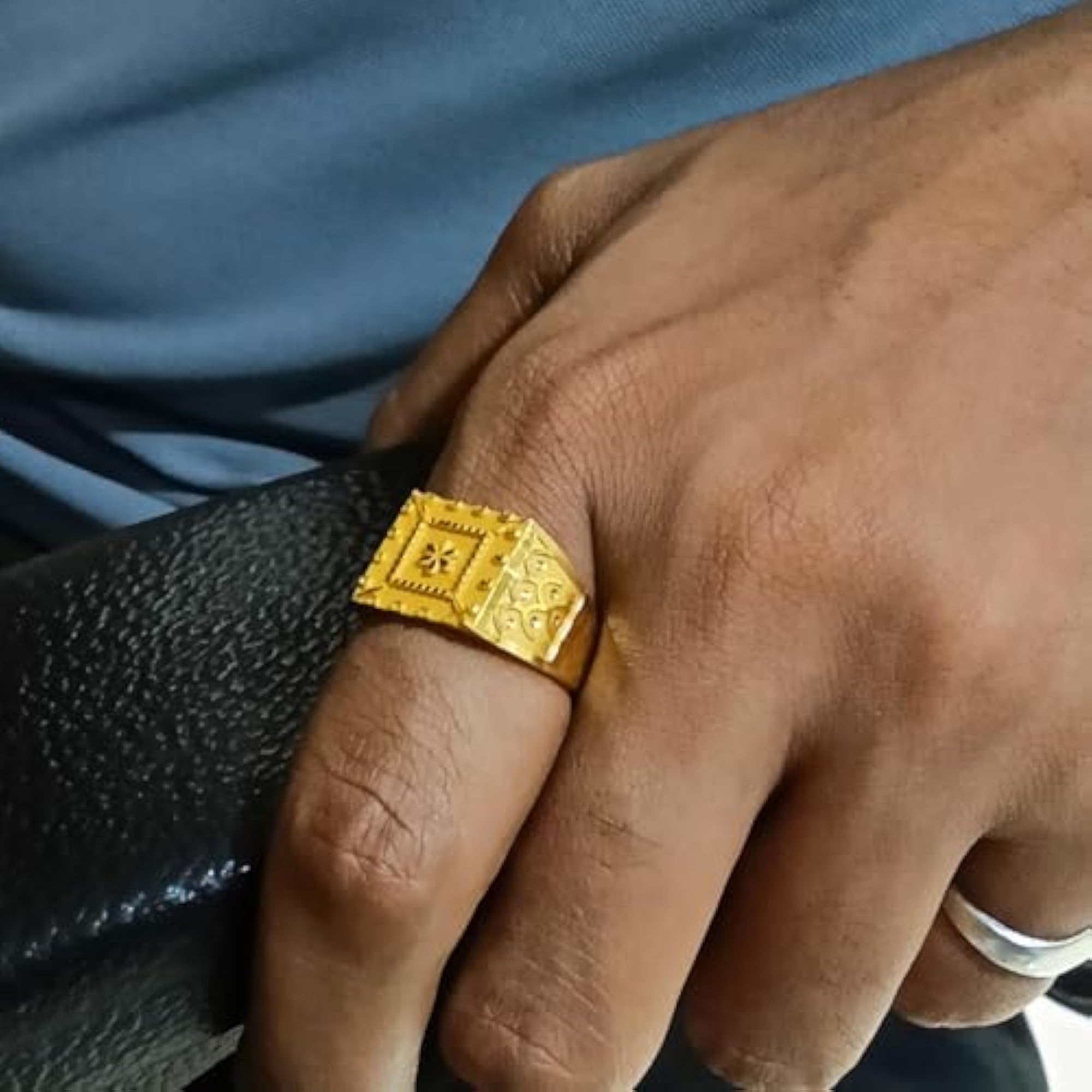 Men's Traditional Gold-Plated Square Ring with Floral Pattern