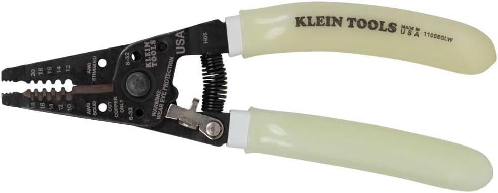 Klein Tools 11055GLW Wire Stripper/Cutter, Made in USA, Klein-Kurve Stripper/Cutter, 10-18 AWG Solid, 12-20 AWG Stranded Wire, Glow in the Dark Grips