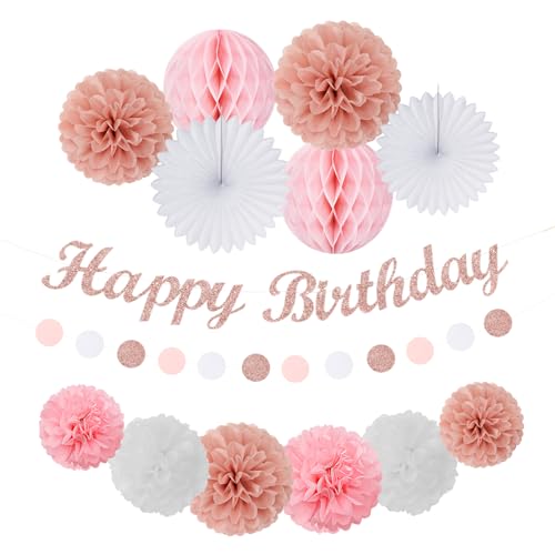 Image of Light-Pink Rose-Gold Birthday Garland Party-Decorations - 14pcs Happy Banner Women Paper Flowers Lanterns Tissue Pom Poms,Streamers Fans Honeycomb Girls Adult Women Kids Hanging Supplies Decor Hugfond