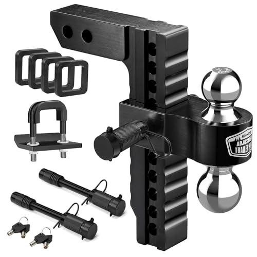 Image of Kohree Adjustable Trailer Hitch Fit 2 Inch Receiver, Dual Solid Ball 2 inch and 2-5 /16 inch(12,500 LBS GTW), 10 inch Drop & Rise Heavy Duty Aluminum Tow Hitch with 4 Silencer Pads & 2 Locking Hitch Pin, Black