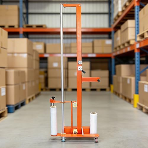 Image of Semi-Automatic Trolley Pallet Wrapper, Heavy Duty Mobile Stretch Film Wrapping Machine with Adjustable Height, Heavy-Duty Steel Frame for Warehouse Logistics
