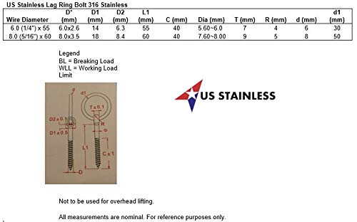Image of US STAINLESS Stainless Steel 316 Lag Ring Bolt 1 /4 inch x 2 inch (6mm x 55mm) Marine Grade Wood Screw