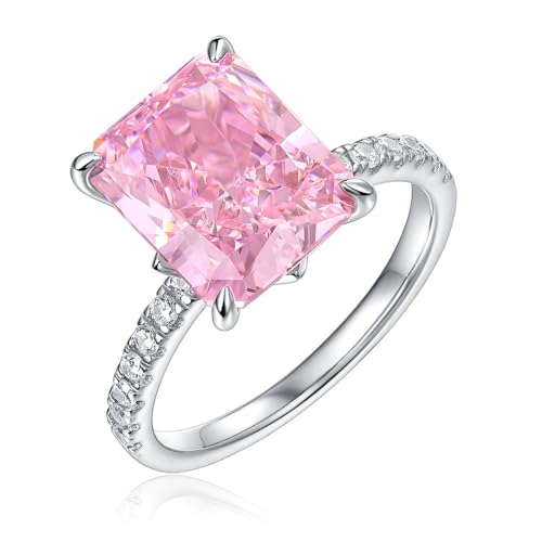 5CT Radiant Cut Pink Lab Created Diamond Ring, 18k White Gold Plate Engagement Ring for Women, D Color VVS1 Clarity Colored Diamonds Anniversary Promise Rings
