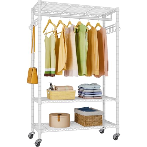 VIPEK X1 Plus - Perchero rodante para colgar ropa, armario portátil con ruedas y ganchos laterales, perchero de metal ajustable independiente con estantes, color blanco