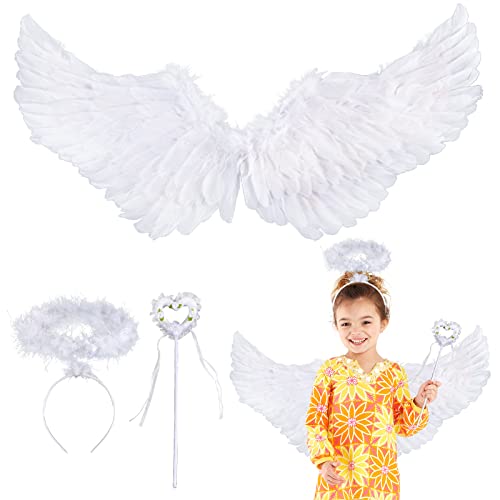Lot de 3 ailes d'ange, ailes d'ange, blanc, ailes d'ange blanches, halo, baguette magique, ailes blanches de 60 cm, décoration d'ailes d'ange, costume de fête Cover
