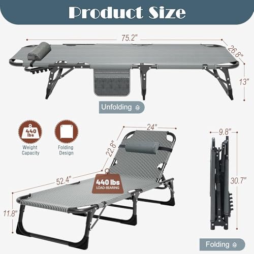 Obqer Folding Lounger, 200KG Belastbarkeit Klappbett Gästebett mit Matratze, Seitentaschen und Kopfstütze, verstellbare Rückenlehne, einfach zu montieren, geeignet für Garten, Sonnenbaden, Büro