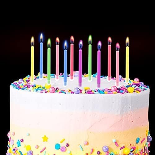 12 Colorful Flame Candles with Candle Holders - Birthday Cake candles Decorations for a Dazzling Party Ambiance and Beyond! Create Unforgettable Memories with Our Vibrant Flame Technology.