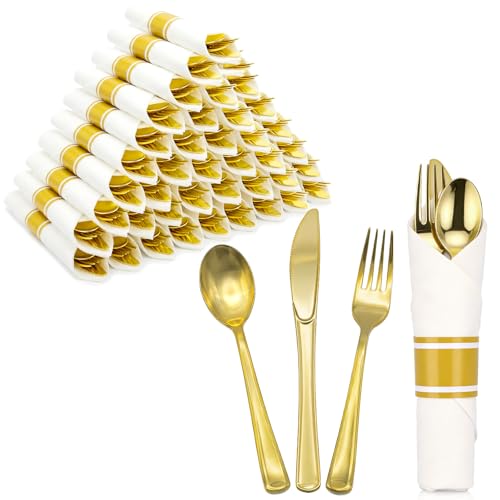 cheerserve Gold Plastic Silverware 50 Guests Wrapped Cutlery Set Disposable