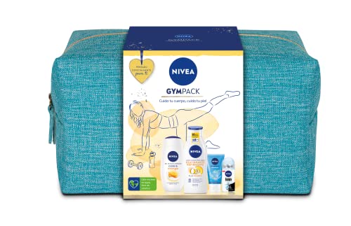 NIVEA Neceser Gimnasio Gympack, set para ella con desodorante roll on (1 x 50 ml), loción corporal (1 x 400 ml), limpiador facial (1 x 150 ml) y gel de ducha (1 x 750 ml)