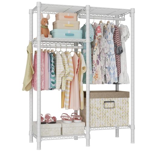 Image of Ulif F1 Garment Rack for Kids, Baby, Students, and Children's Room, 4 Tiers Freestanding and Portable Heavy Duty Closets, Small Metal Clothes Rack with 2 Hanging Rod, 31.2" W x 11.8" D x 48" H, White