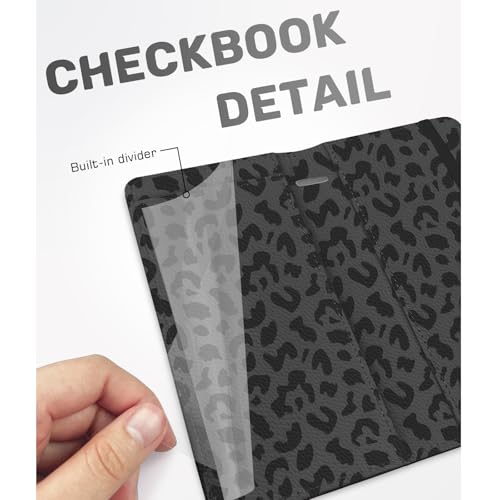 Image of Checkbook Cover for Men Women, Premium Leather Checkbook Holder with RFID Blocking and Built in Clear Plastic Divider for Personal and Business Checks (Leopard-Black)