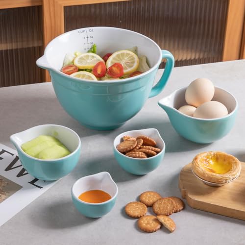 Sweejar Porcelain Mixing Bowl with Scale, Ceramic Serving Container for Kitchen, Nesting Bowl with Handle, Using for Baking, Prepping, Cooking, Set of 5 (Turquoise) - Image 4