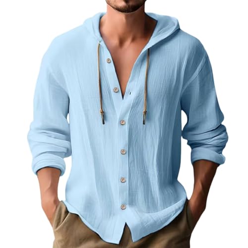 Men Cotton Linen Long Sleeve Button Down Shirt Summer Casual Beach Hoodies Comfy Lightweight Linen Shirt - Main Image