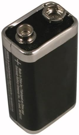 A standard 9V battery, typically used in smoke alarms.
