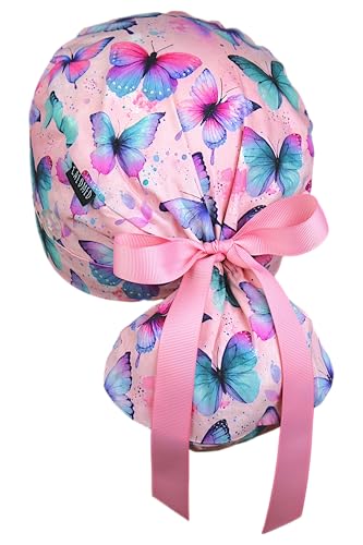Image of Scrub Cap for Women and Men, Ponytail Scrub Caps, Working Hat, Head Cover with Ribbon Ties and Buttons, Long Hair