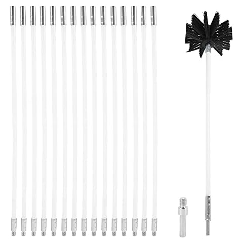 Gobesty Chimney Sweep Kit,17Pcs Chimney Cleaning Brush Kit, Duct Vent Cleaning Set with 15 Nylon Bendable Rods 1 Brush Heads 1 Drill Connector 1 Long Brush for Fireplace Sewage Pipe Fume Hood Cover