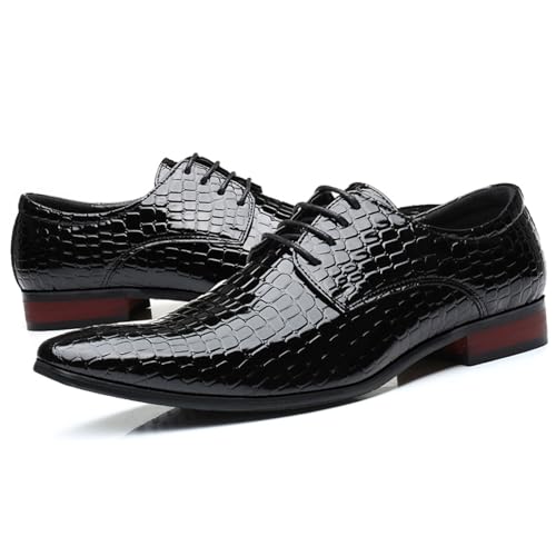 Men's Stone Patterned Leather Dress Oxford Shoes Fashion Pointed Patent Leather Lace-up Anti-Slip Business Wedding Formal Shoes Derby