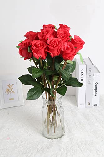 Ipopu Red Roses Artificial Flowers Bulk 12Pcs Real Touch Red Roses Fake Flowers 20" Long Stem Artificial Flowers For Tall Vases Wedding Bouquet Home Decor Indoor Party Garden Bridal Decorations (Red) #TOP2