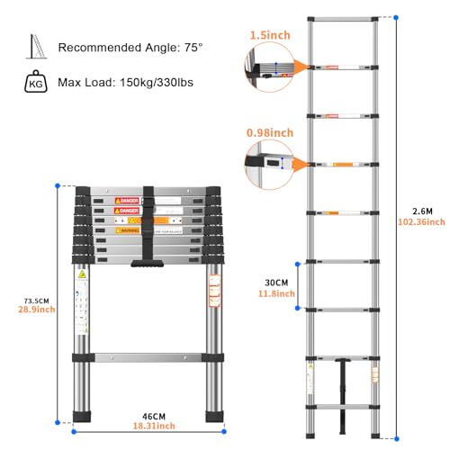 Telescopic Ladder 2.6m/8.5FT,Stainless Steel Lightweight Extension Ladder with Automatic Locking,Non-Slip Feet,Load 150kg/330lb,Multi-Purpose Collapsible Ladder for Household and Outdoor Working 2 Telescopic Ladder 2.6m/8.5FT,Stainless Steel Lightweight Extension Ladder with Automatic Locking,Non-Slip Feet,Load 150kg/330lb,Multi-Purpose Collapsible Ladder for Household and Outdoor Working - Image 2