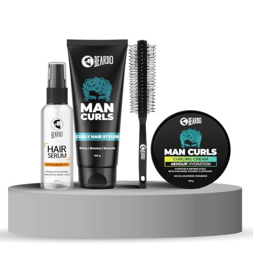 Image of Beardo Man Curls Advanced Styling Pro Kit: Curling Cream (100g), Hair Styler (100g), Hair Serum (50ml) & Roller Brush - Complete Styling Routine for Managed, Smooth Curls (Set of 4)