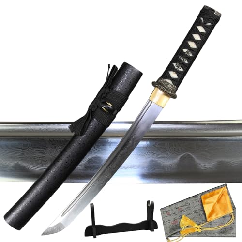 Japanese Tanto Knife Handmade Damascus Steel Clay Tempered Sharp Short Dagger mini Katana Sword 20 Inch