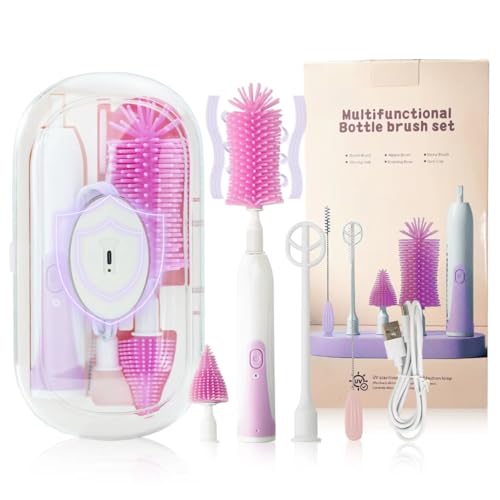 Image of Electric Bottle Brush Set with Silicone Pacifier/Straw Brush and Mixing Head, Water Bottle Cleaner with Drying Rack, 2 Modes & 360 Rotation (Purple)