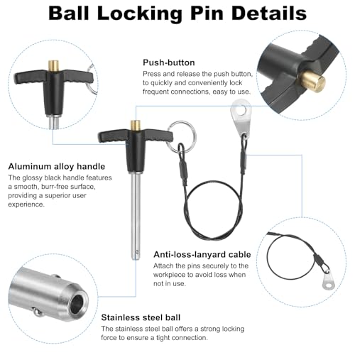 PATIKIL T-Griff Verriegelungsstifte 1/4 x 1,97 (6 x 50mm), Schnellspannstift 304 Edelstahl Sicherheitspositionierungsstifte mit Druckknopf 25 cm Sicherheitsseilkabel