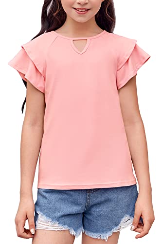 Girls Shirts Summer Cute Classic Fit Ruffle Sleeve Plain Cotton Crew Neck T-Shirt Tee Tops Blouse Pink #TOP27