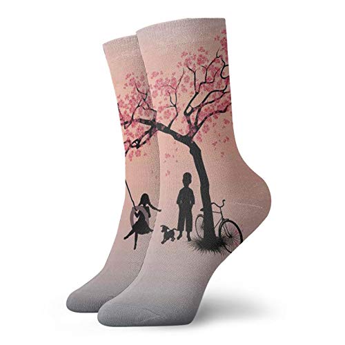 Fashion Compression Socks,Children Playing On A Tire Swing Under Cherry Tree With Dog Blossom Spring Art,Performance Polyester Cushioned Athletic Crew Socks for Running,Athletic, -12 inch