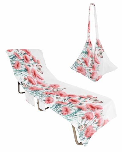 Red Spring Floral Beach Lounge Chair Towel Cover, Soft Chaise Lounge Towel with Side Pockets Patio Pool Chairs Cover for Beach/Pool Sunbathing 29x85 Watercolor Summer Botanical Elegant